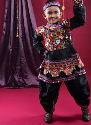 Cotton blend woven full sleeves navratri theme banjara embroidered kediya with coordinating dhoti set - black 2
