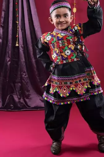 Cotton blend woven full sleeves navratri theme banjara embroidered kediya with coordinating dhoti set - black