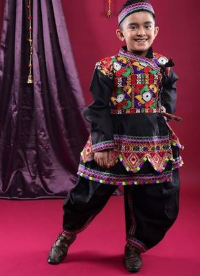 Cotton blend woven full sleeves navratri theme banjara embroidered kediya with coordinating dhoti set - black 3