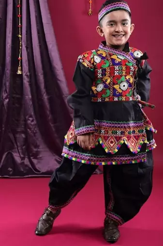Cotton blend woven full sleeves navratri theme banjara embroidered kediya with coordinating dhoti set - black