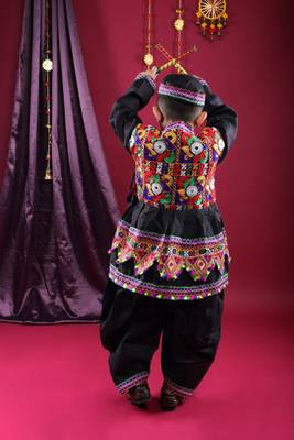 Cotton blend woven full sleeves navratri theme banjara embroidered kediya with coordinating dhoti set - black 4