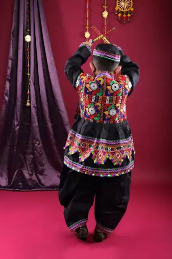 Cotton blend woven full sleeves navratri theme banjara embroidered kediya with coordinating dhoti set - black