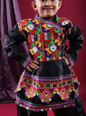 Cotton blend woven full sleeves navratri theme banjara embroidered kediya with coordinating dhoti set - black 5