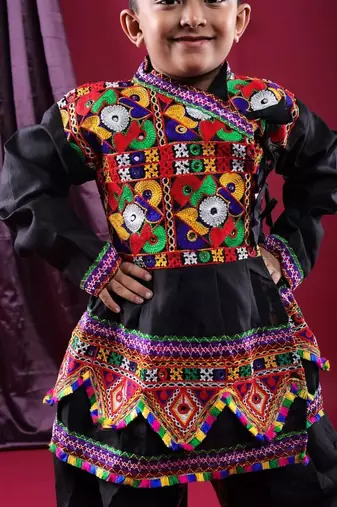 Cotton blend woven full sleeves navratri theme banjara embroidered kediya with coordinating dhoti set - black