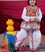 Cotton blend woven full sleeves navratri theme banjara embroidered kediya with coordinating dhoti set - white