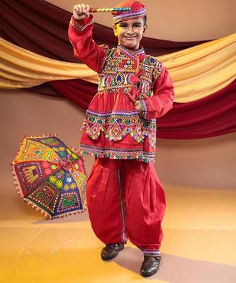 Cotton blend woven full sleeves navratri theme banjara embroidered kediya with coordinating dhoti set - red 1