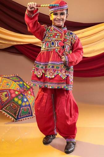 Cotton blend woven full sleeves navratri theme banjara embroidered kediya with coordinating dhoti set - red