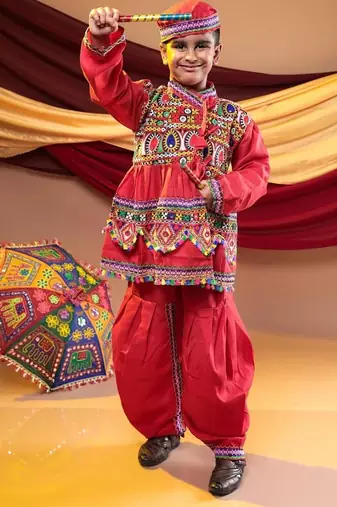 Cotton blend woven full sleeves navratri theme banjara embroidered kediya with coordinating dhoti set - red