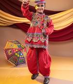 Cotton blend woven full sleeves navratri theme banjara embroidered kediya with coordinating dhoti set - red