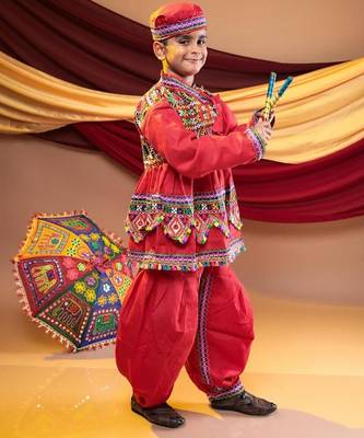 Cotton blend woven full sleeves navratri theme banjara embroidered kediya with coordinating dhoti set - red 2