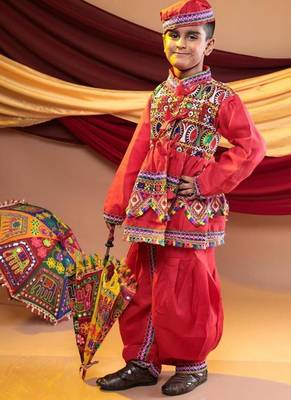 Cotton blend woven full sleeves navratri theme banjara embroidered kediya with coordinating dhoti set - red 3