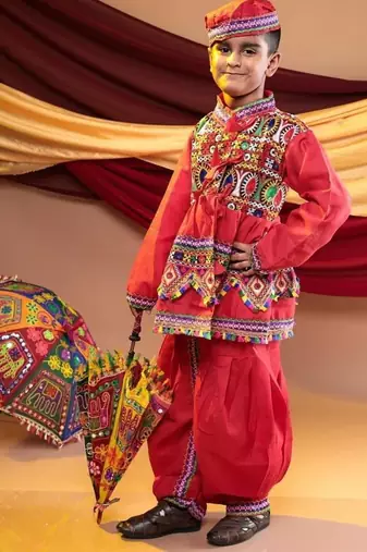 Cotton blend woven full sleeves navratri theme banjara embroidered kediya with coordinating dhoti set - red
