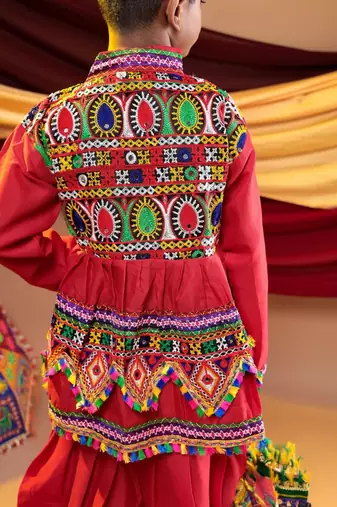 Cotton blend woven full sleeves navratri theme banjara embroidered kediya with coordinating dhoti set - red