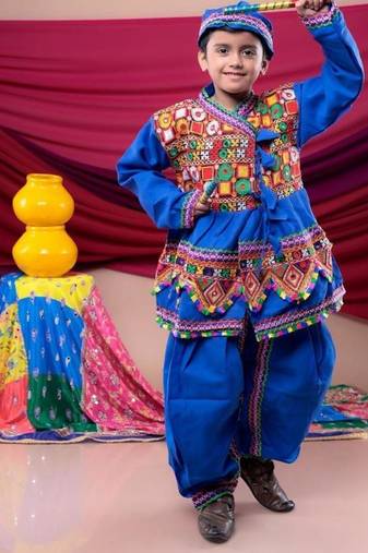 Cotton blend woven full sleeves navratri theme banjara embroidered kediya with coordinating dhoti set - blue