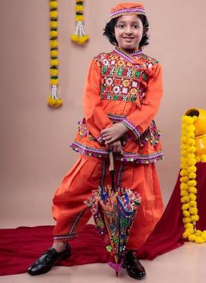 Cotton blend woven full sleeves navratri theme banjara embroidered kediya with coordinating dhoti set - orange 1