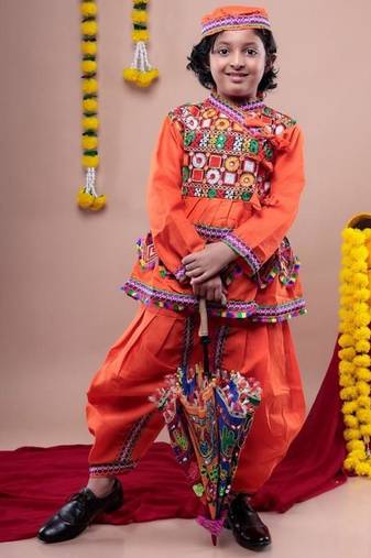 Cotton blend woven full sleeves navratri theme banjara embroidered kediya with coordinating dhoti set - orange