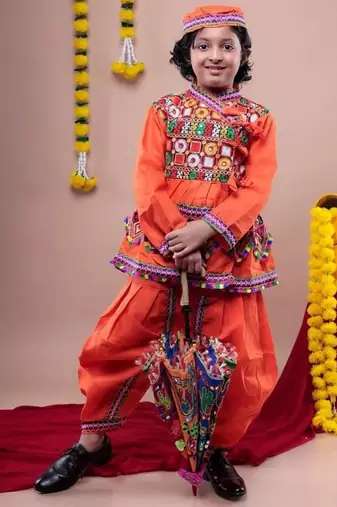 Cotton blend woven full sleeves navratri theme banjara embroidered kediya with coordinating dhoti set - orange