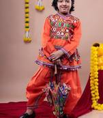 Cotton blend woven full sleeves navratri theme banjara embroidered kediya with coordinating dhoti set - orange