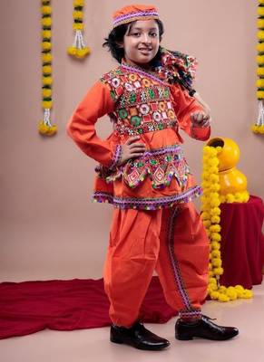 Cotton blend woven full sleeves navratri theme banjara embroidered kediya with coordinating dhoti set - orange 2