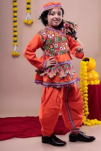 Cotton blend woven full sleeves navratri theme banjara embroidered kediya with coordinating dhoti set - orange