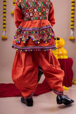 Cotton blend woven full sleeves navratri theme banjara embroidered kediya with coordinating dhoti set - orange 3