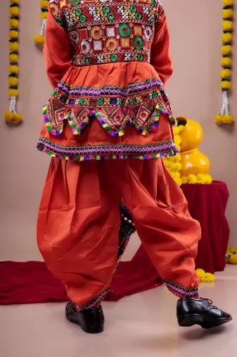 Cotton blend woven full sleeves navratri theme banjara embroidered kediya with coordinating dhoti set - orange