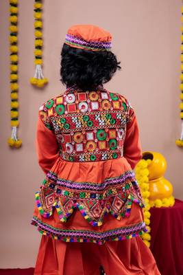 Cotton blend woven full sleeves navratri theme banjara embroidered kediya with coordinating dhoti set - orange 4