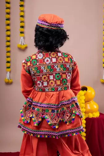 Cotton blend woven full sleeves navratri theme banjara embroidered kediya with coordinating dhoti set - orange