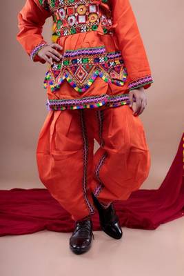 Cotton blend woven full sleeves navratri theme banjara embroidered kediya with coordinating dhoti set - orange 5