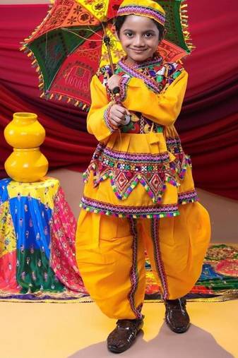 Cotton blend woven full sleeves navratri theme banjara embroidered kediya with coordinating dhoti set - yellow