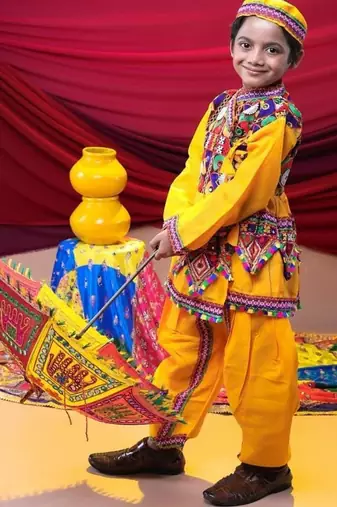 Cotton blend woven full sleeves navratri theme banjara embroidered kediya with coordinating dhoti set - yellow