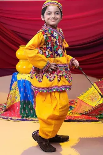 Cotton blend woven full sleeves navratri theme banjara embroidered kediya with coordinating dhoti set - yellow