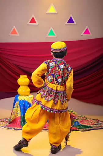 Cotton blend woven full sleeves navratri theme banjara embroidered kediya with coordinating dhoti set - yellow