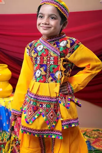 Cotton blend woven full sleeves navratri theme banjara embroidered kediya with coordinating dhoti set - yellow