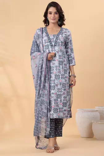 women's grey rayon blend geometric straight kurta set