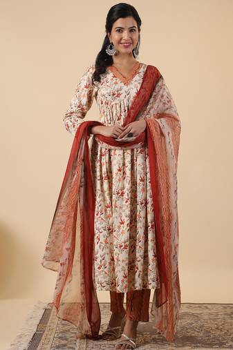 women's cream rayon floral printed a-line kurta set