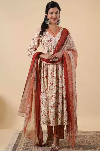 women's cream rayon floral printed a-line kurta set