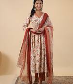 women's cream rayon floral printed a-line kurta set