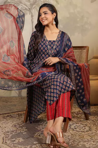 women's navy blue rayon ethnic motifs straight kurta set