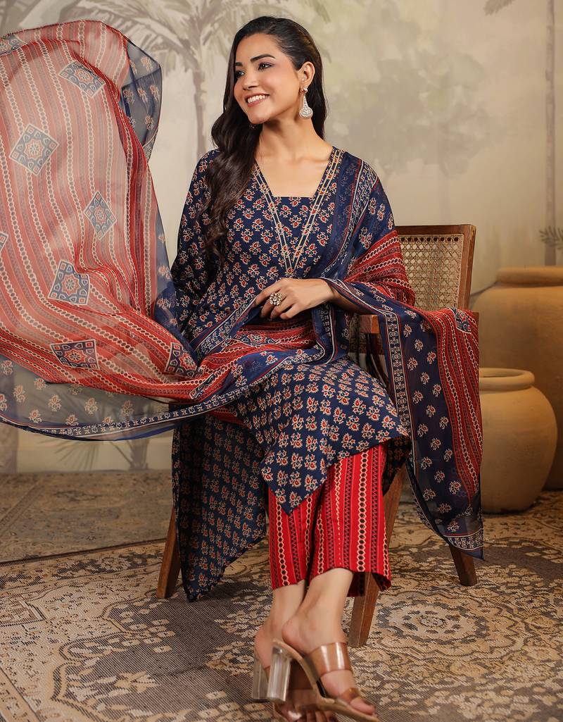 women's navy blue rayon ethnic motifs straight kurta set