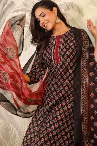 women's black rayon ethnic motifs straight kurta set