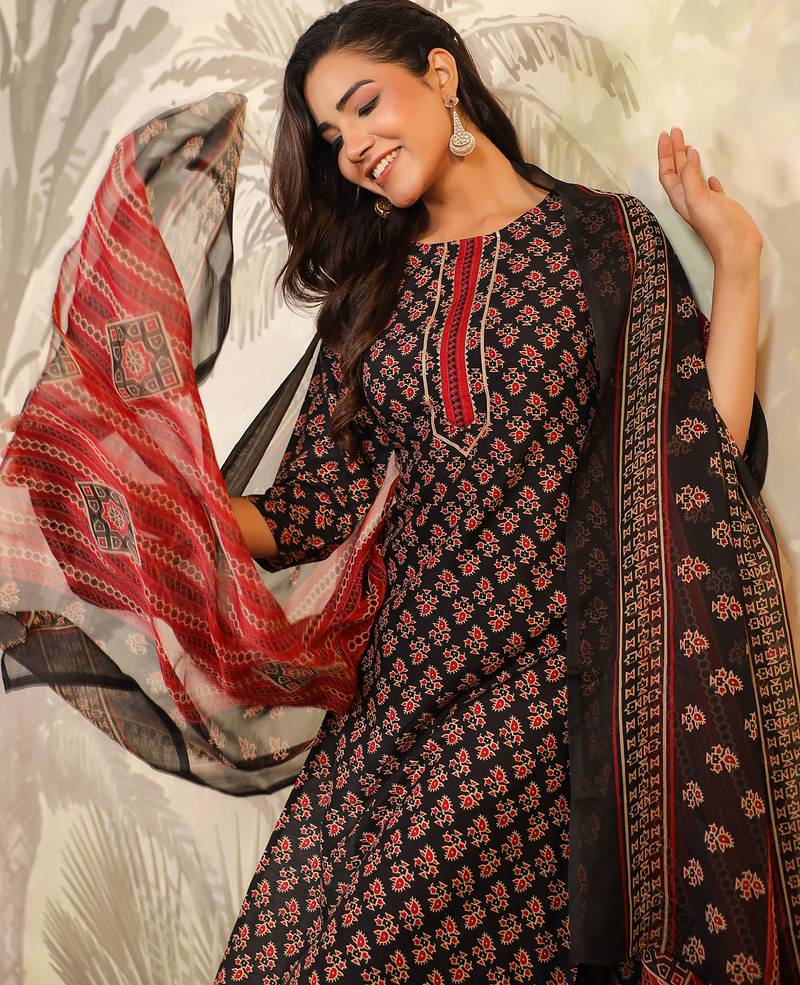 women's black rayon ethnic motifs straight kurta set