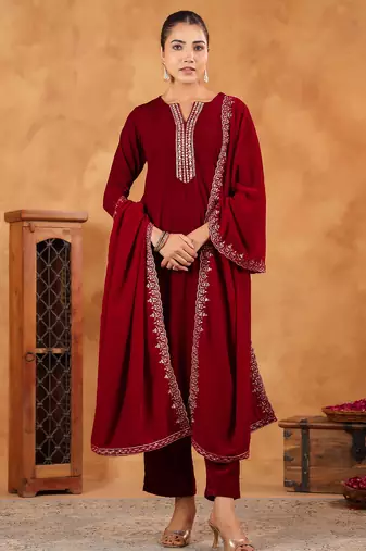 women's red velvet zari embroidered straight kurta set