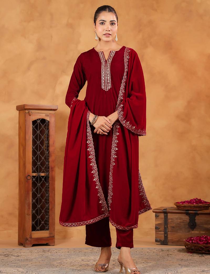 women's red velvet zari embroidered straight kurta set