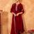 women's red velvet zari embroidered straight kurta set