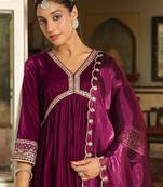 women's purple velvet zari embroidered a-line kurta set