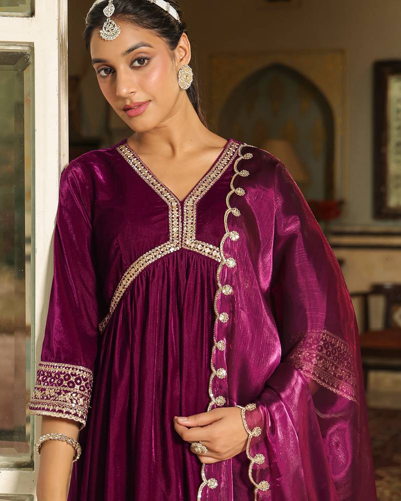 women's purple velvet zari embroidered a-line kurta set