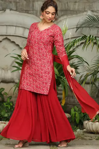women's red georgette embroidered straight kurta with sharara & dupatta set