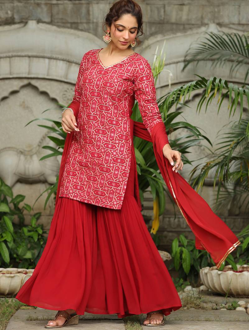 women's red georgette embroidered straight kurta with sharara & dupatta set