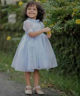 Powder blue organza embroidered flared frill frock for girls 1